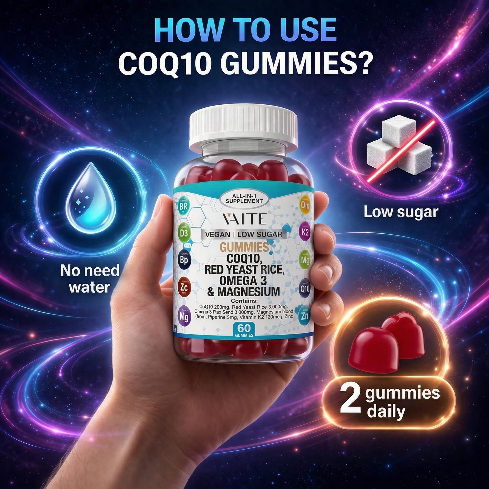 VAITE CoQ10 Gummies with a hand holding a gummy