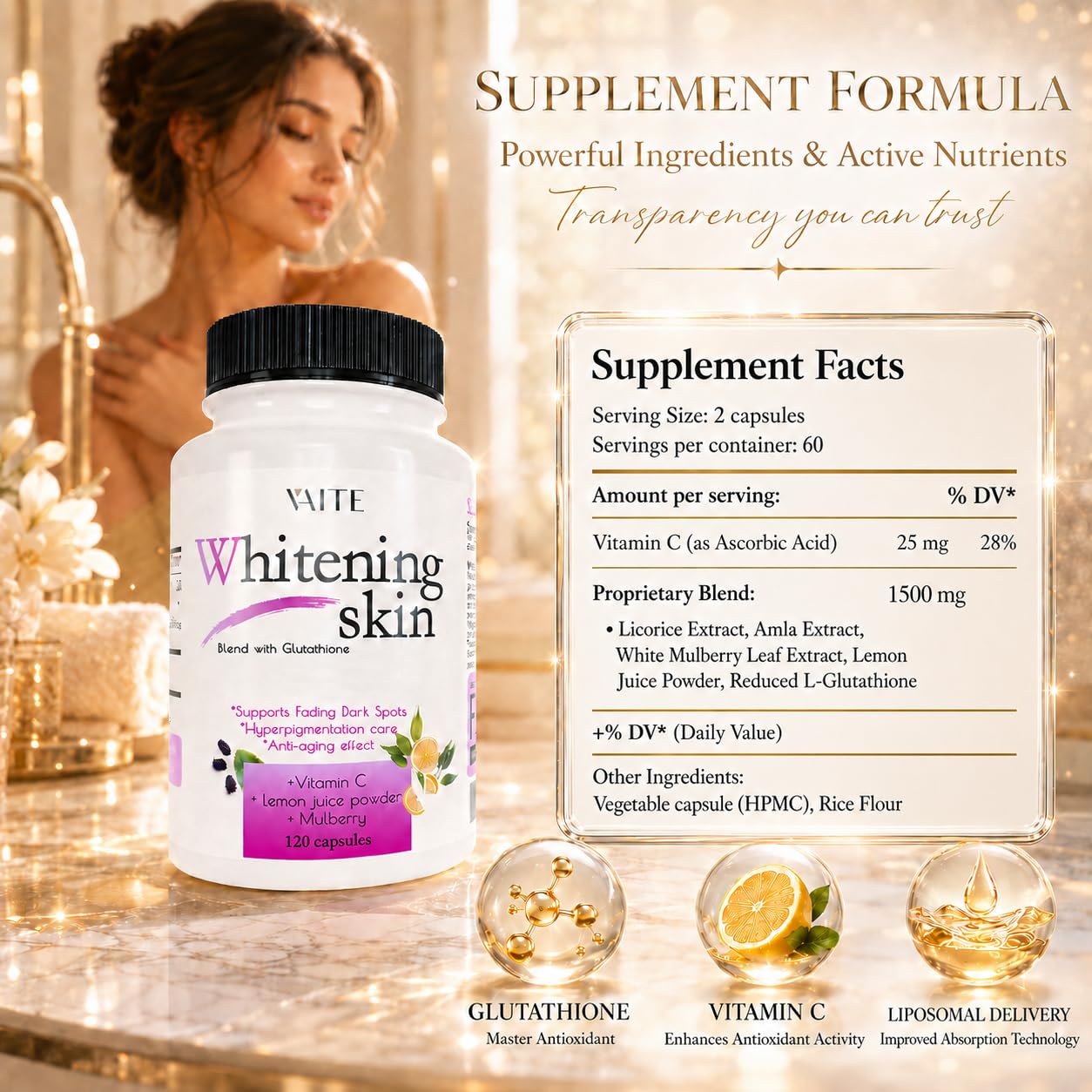 VAITE Daily Skin Support Capsules with a background of natural ingredients