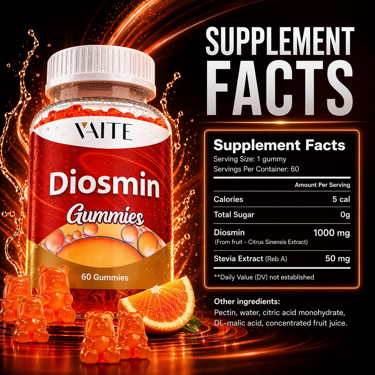 VAITE Diosmin Gummies 1000mg back view showing ingredients