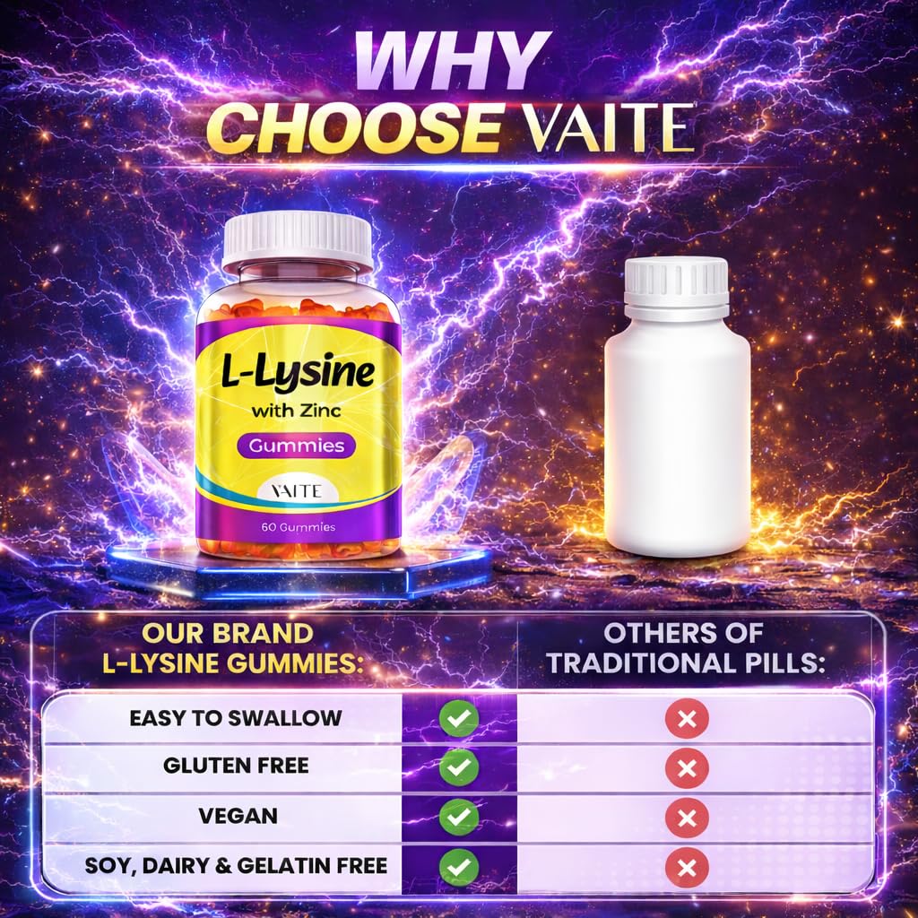 VAITE L-Lysine Gummies with a background of fresh ingredients