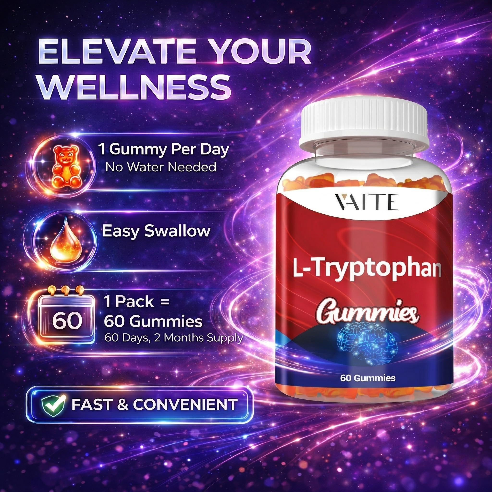 VAITE L-Tryptophan 1000mg Gummies on a wooden table