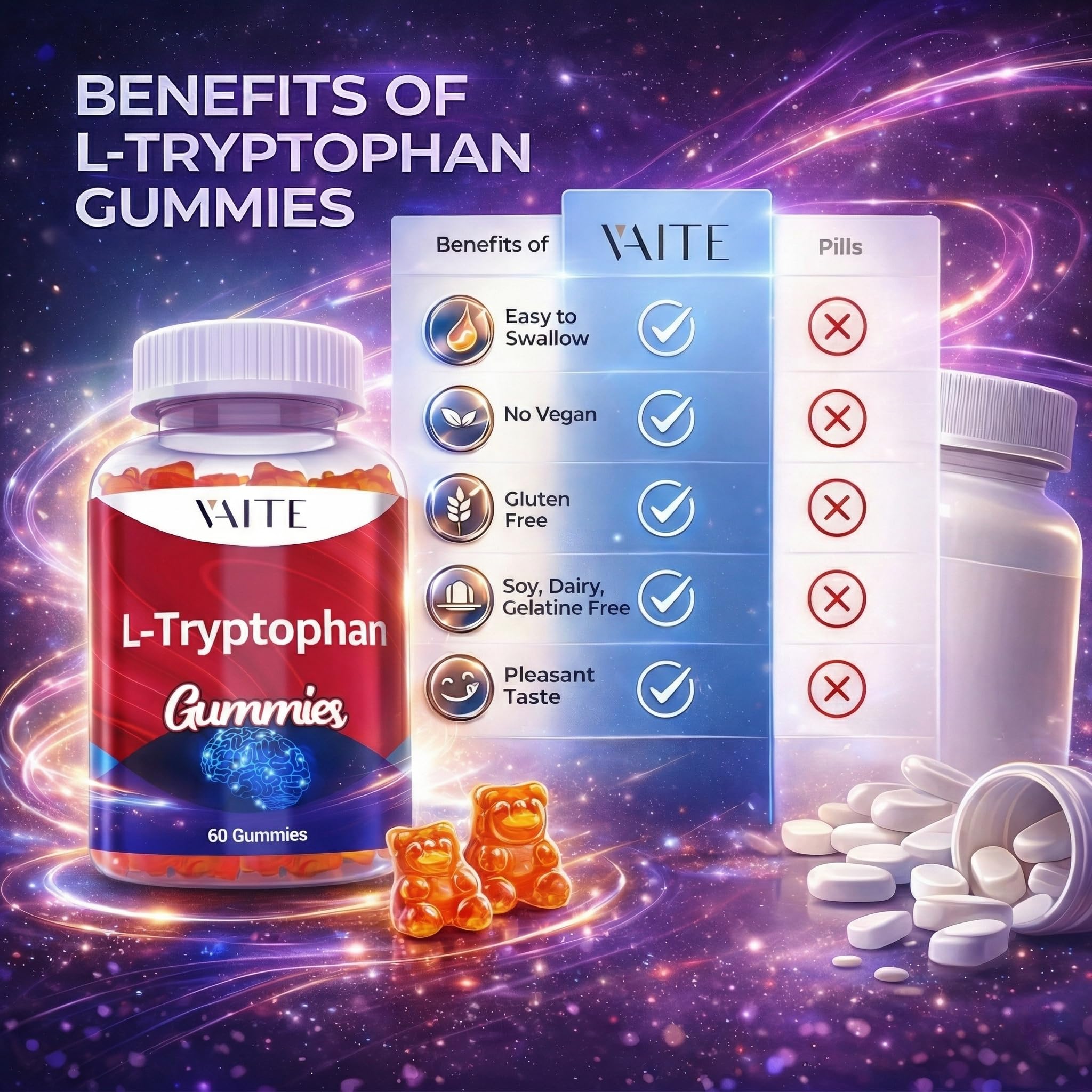 VAITE L-Tryptophan 1000mg Gummies with a measuring spoon