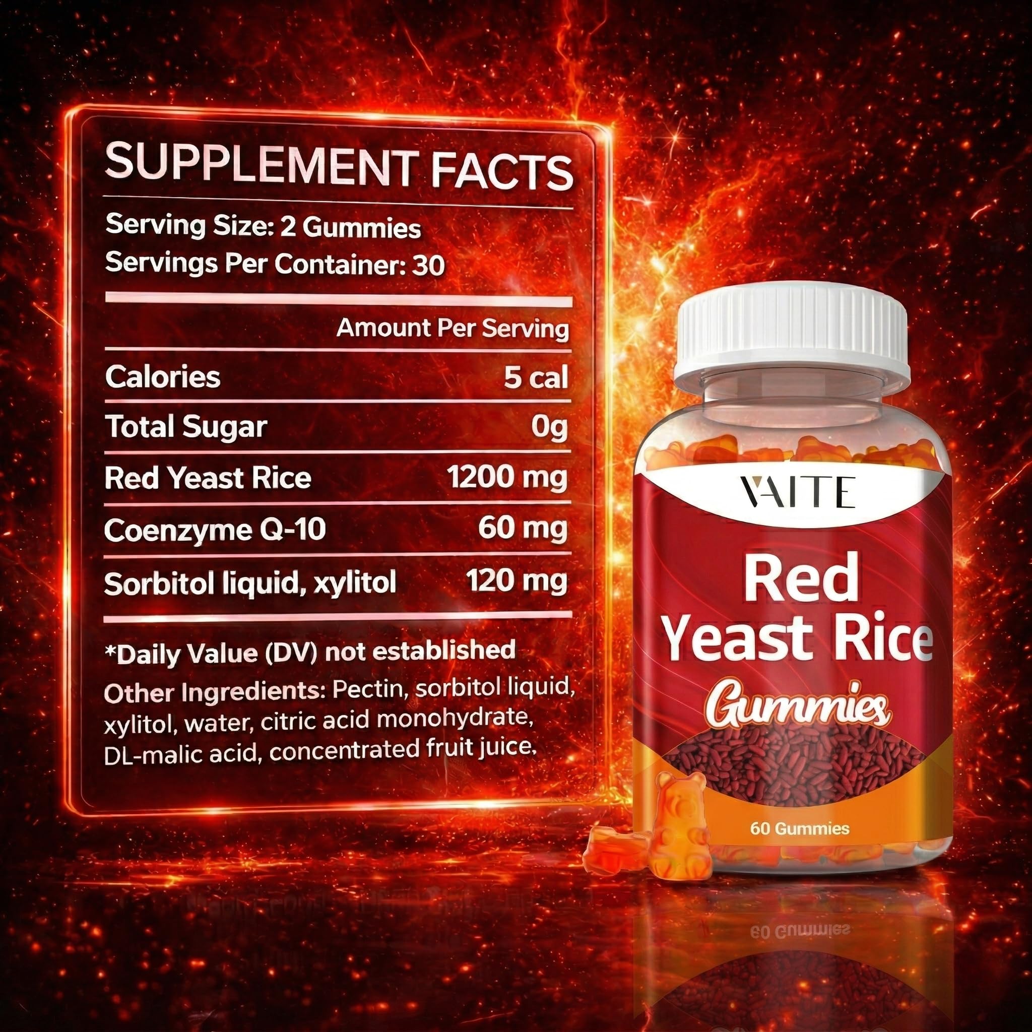 VAITE Red Yeast Rice Gummies displayed with a measuring spoon