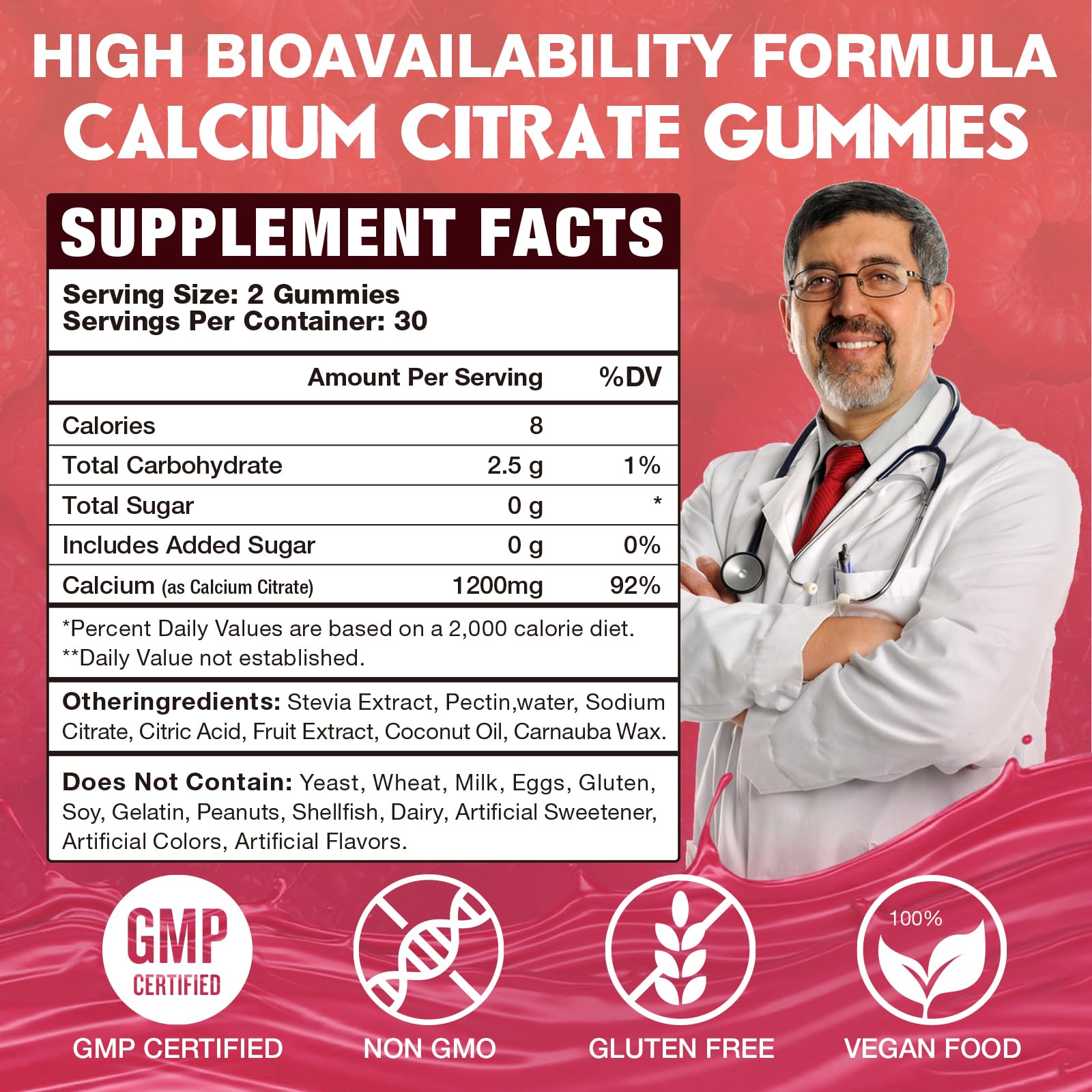 VAJYKEWJY Calcium Citrate Gummies raspberry flavour close-up