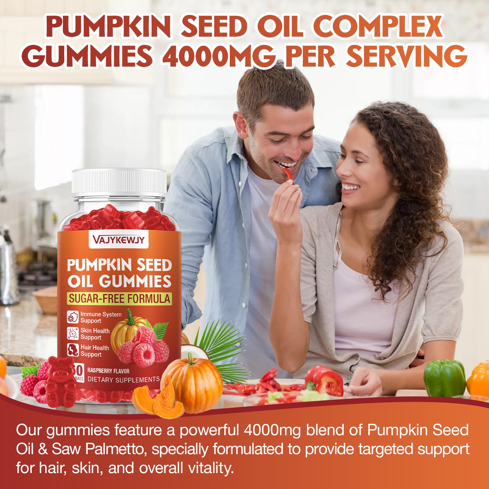 VAJYKEWJY Pumpkin Seed Oil & Saw Palmetto Gummies with fresh raspberries