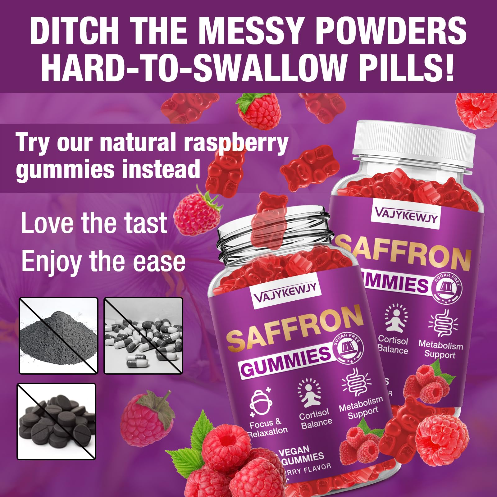 VAJYKEWJY Saffron Gummies bottle with a measuring spoon