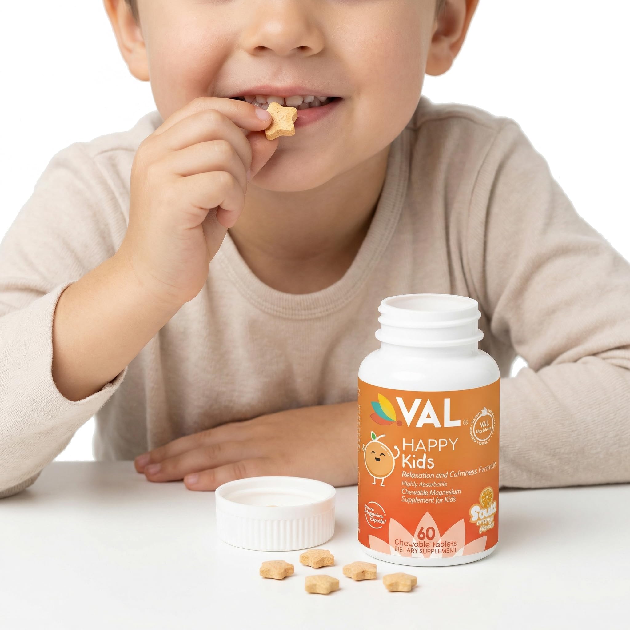 VAL Magnesium Chewable Tablets in star, triangle, and smiley face shapes
