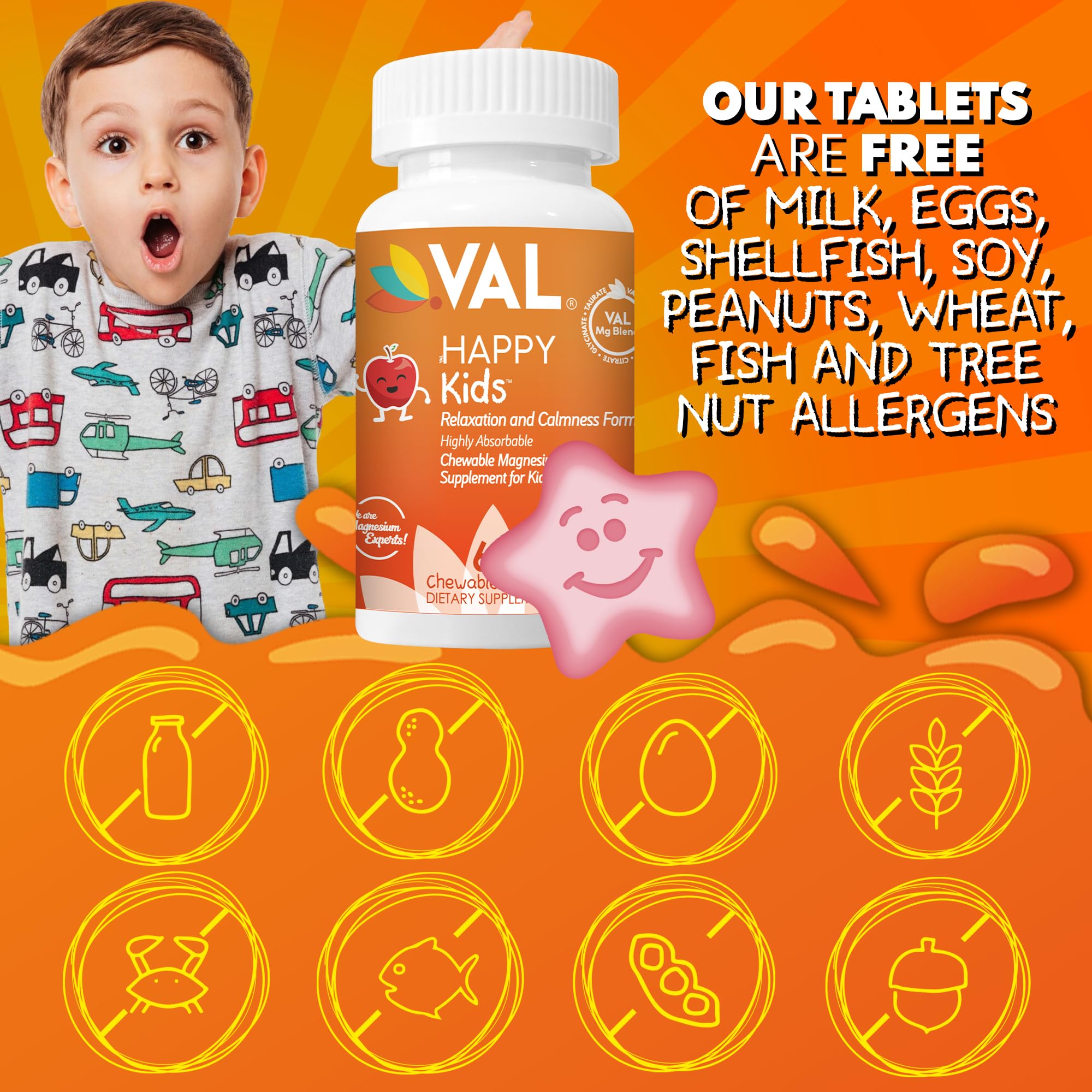 VAL Magnesium Supplement for Kids on a kitchen counter with fruit