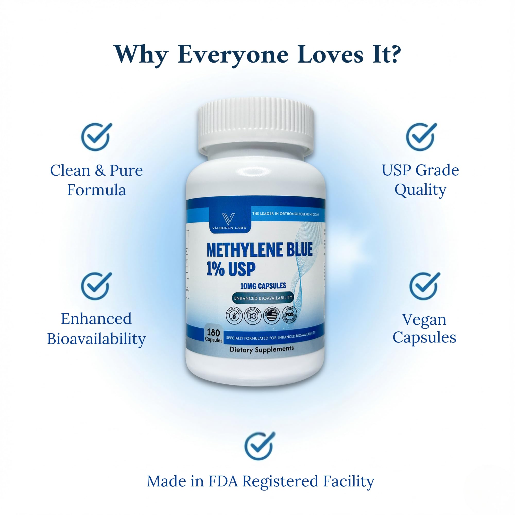 Valboren Labs Methylene Blue Capsules on a wooden table