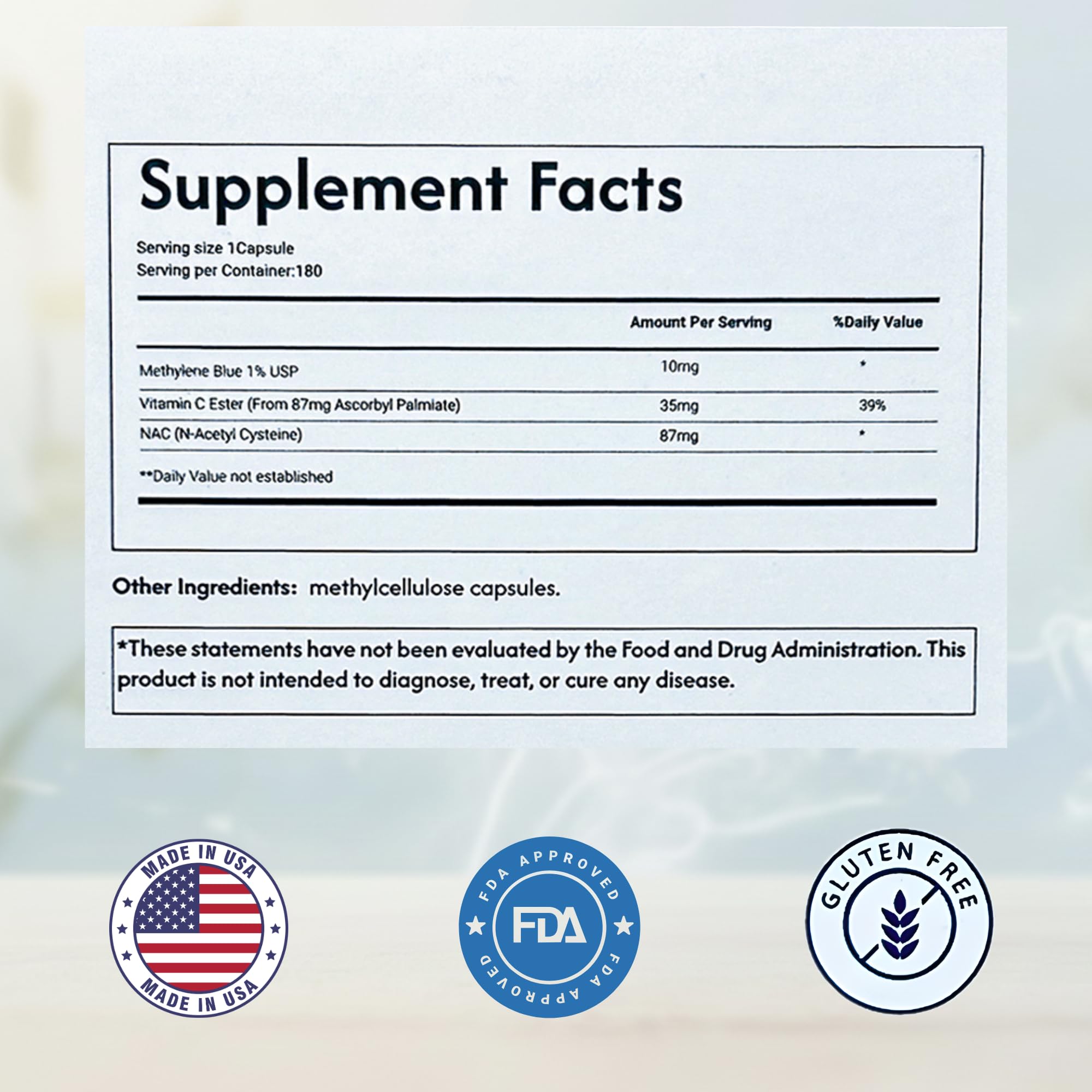 Valboren Labs Methylene Blue Capsules side view with label