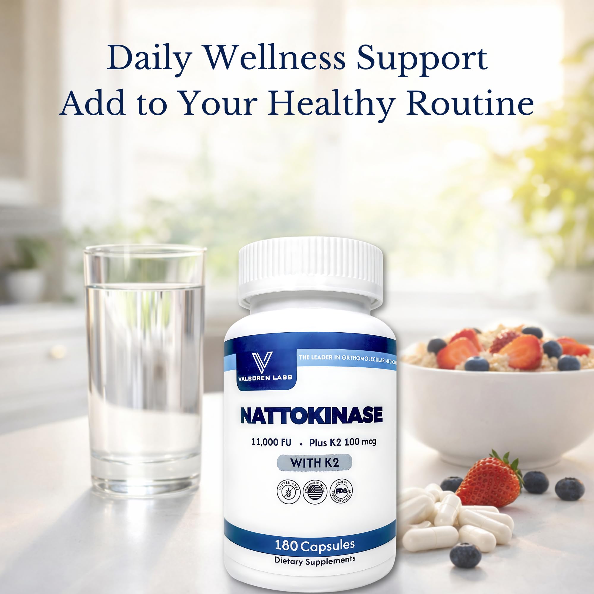 Valboren Labs Nattokinase Supplement in lifestyle setting