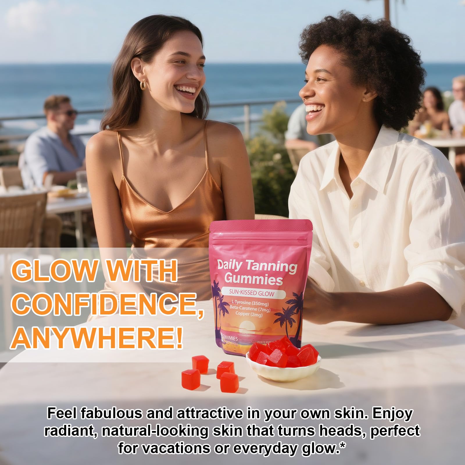 Valleylux Daily Tanning Gummies with fresh fruits on a wooden table