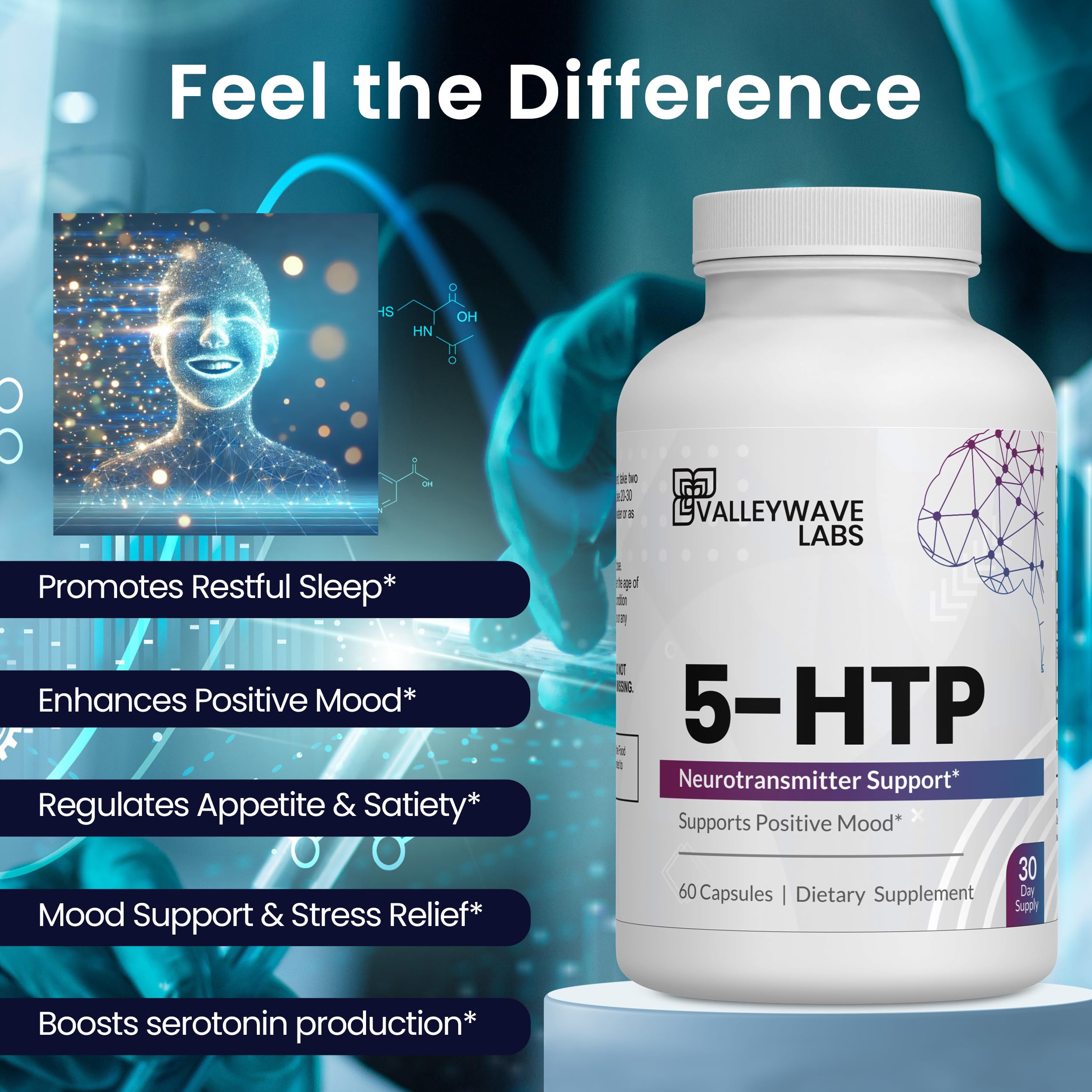 Valleywave Labs 5-HTP Supplement bottle with 60 capsules