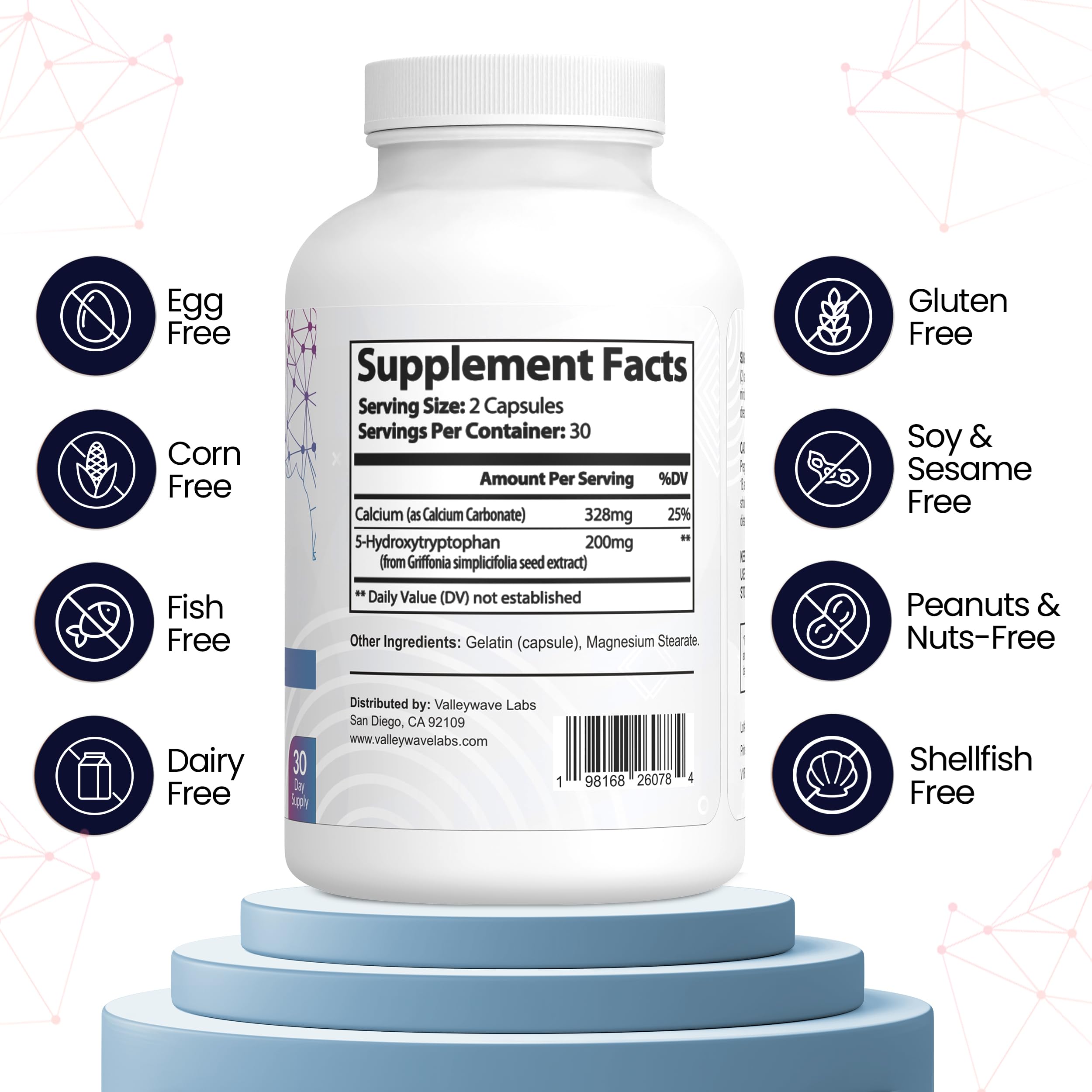 Valleywave Labs 5-HTP Supplement capsules on a wooden table