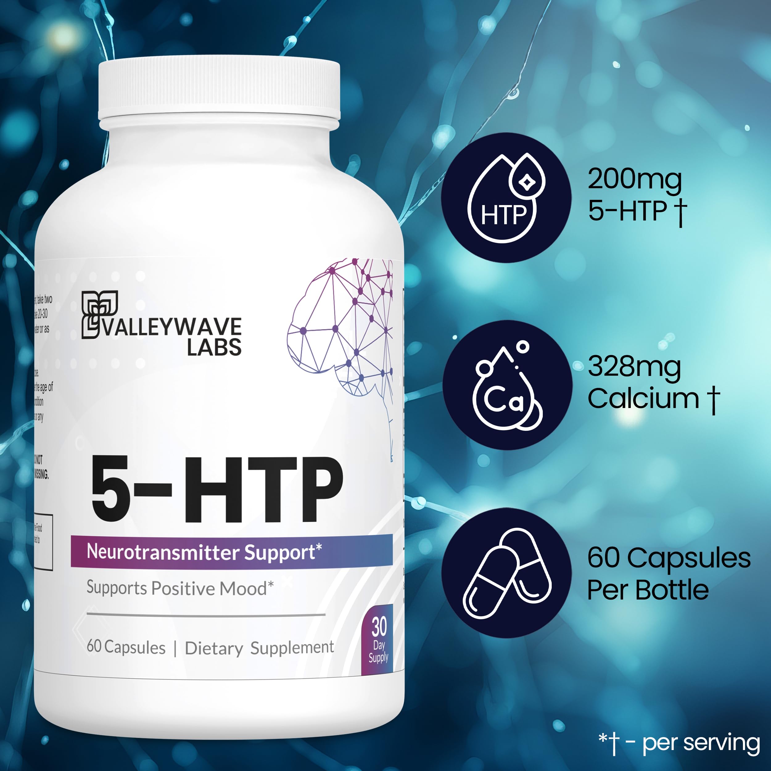 Valleywave Labs 5-HTP Supplement side view showing capsule details