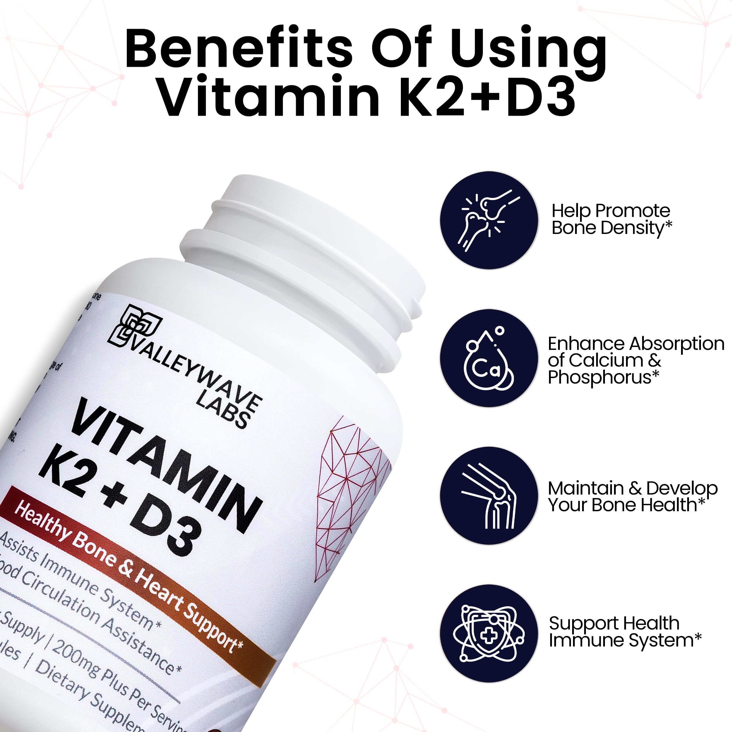 Valleywave Labs Vitamin D3 + K2 Capsules 5000 IU bottle with label