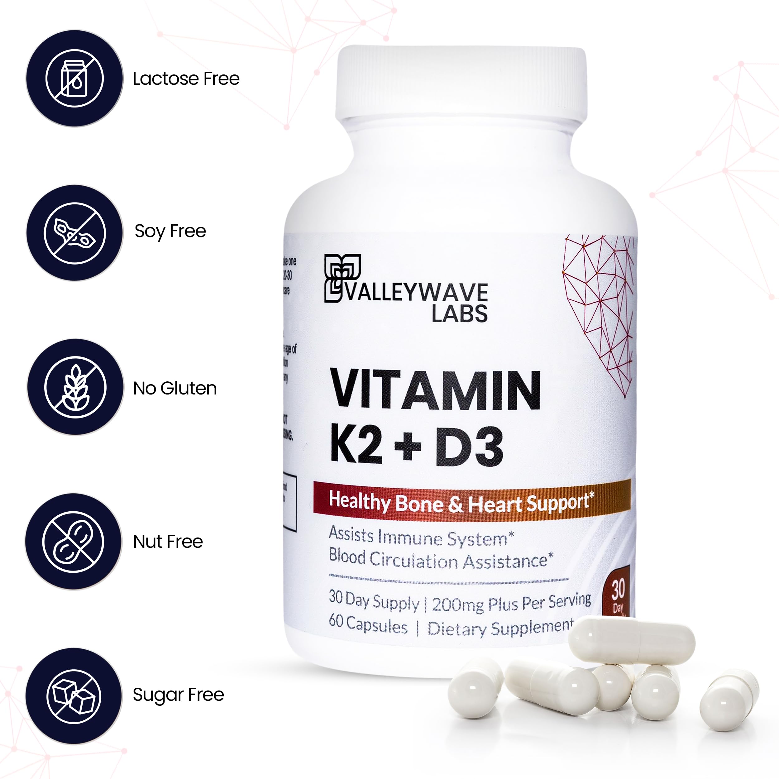 Valleywave Labs Vitamin D3 + K2 Capsules 5000 IU capsules on a surface