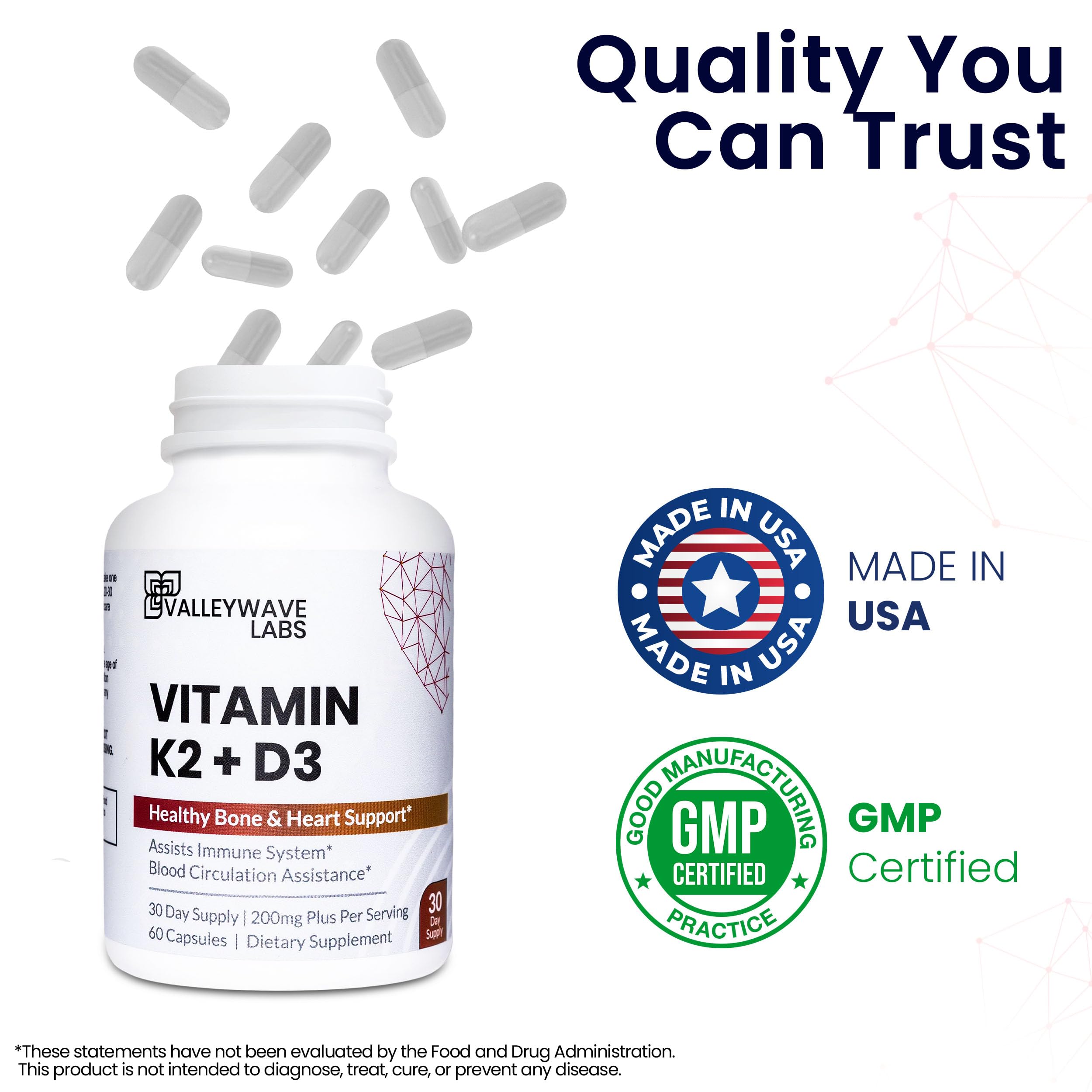 Valleywave Labs Vitamin D3 + K2 Capsules 5000 IU nutrition facts