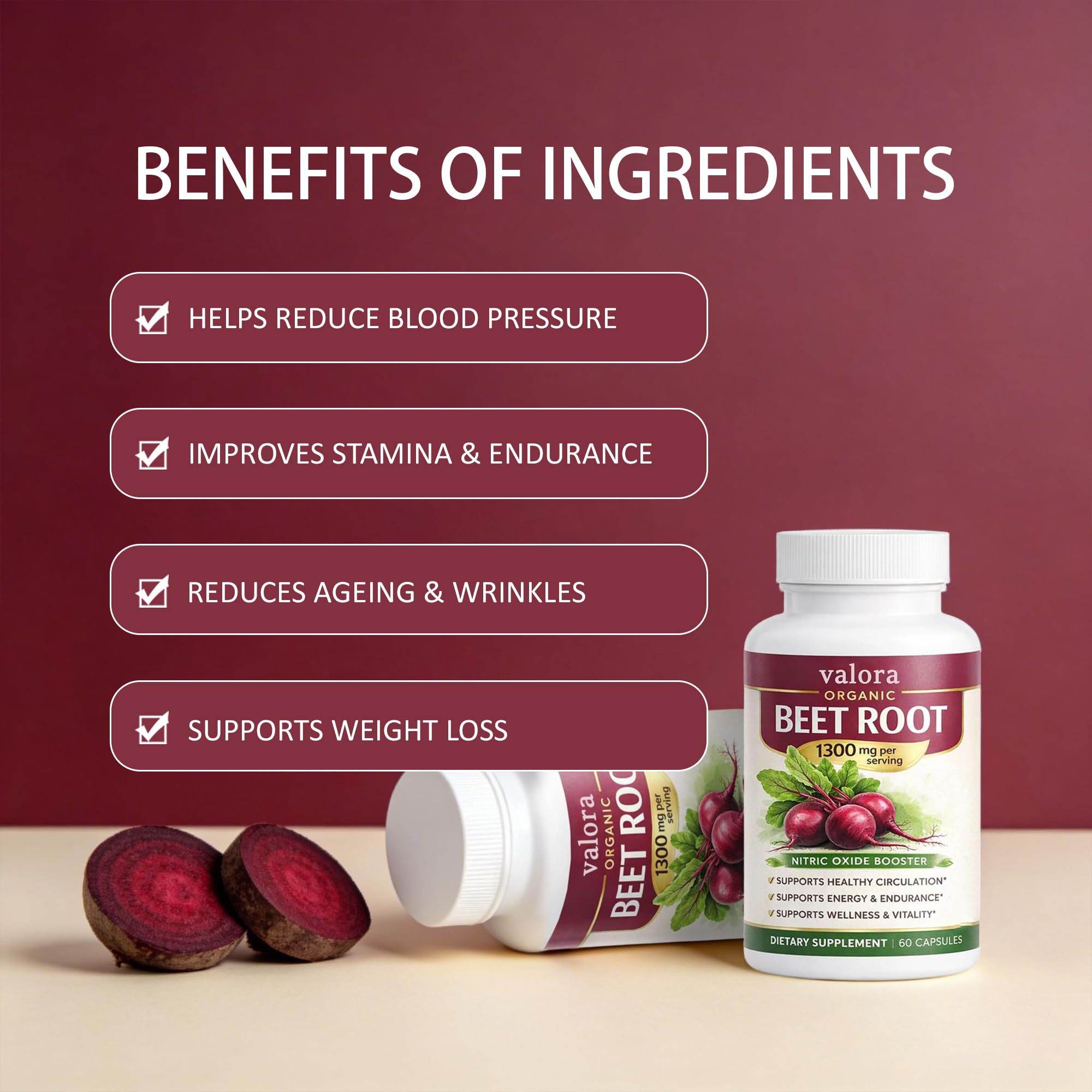 Valora Beravia Beet Root Capsules side view with label details