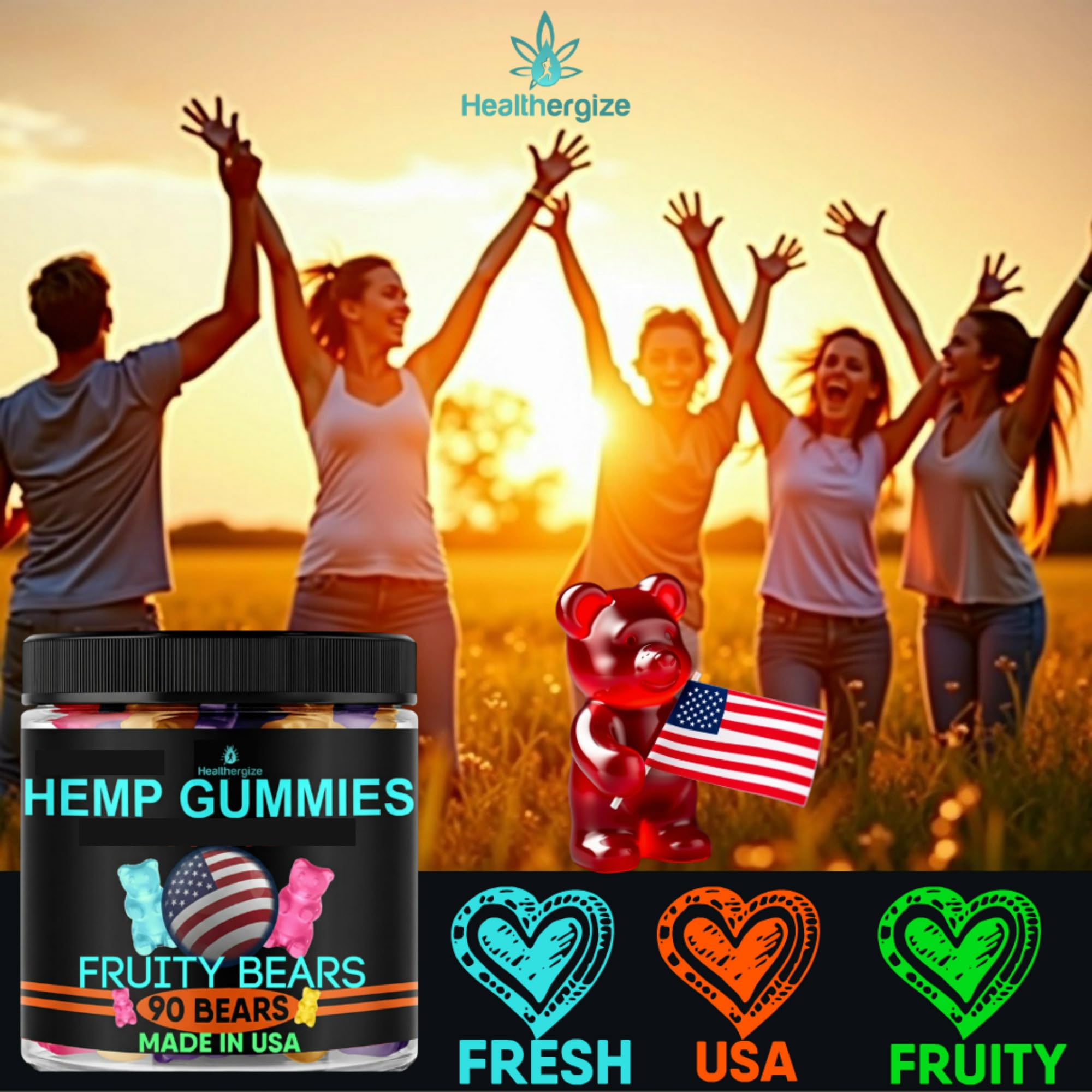 Variety of Healthergize Hemp Gummies in different flavours on a table