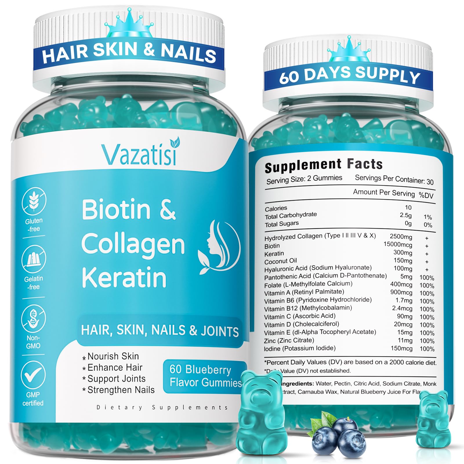 Vazatisi Biotin Gummies 15 in 1 front view with packaging