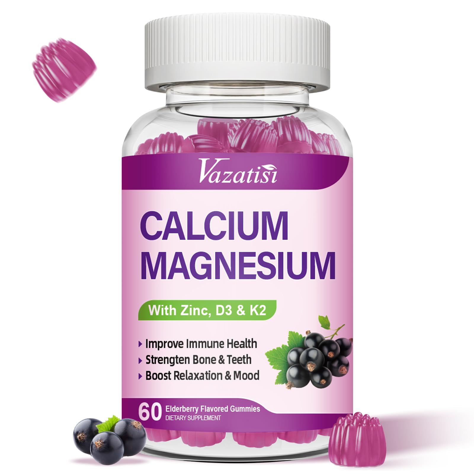 Vazatisi Calcium Gummies bottle front view with elderberry flavour