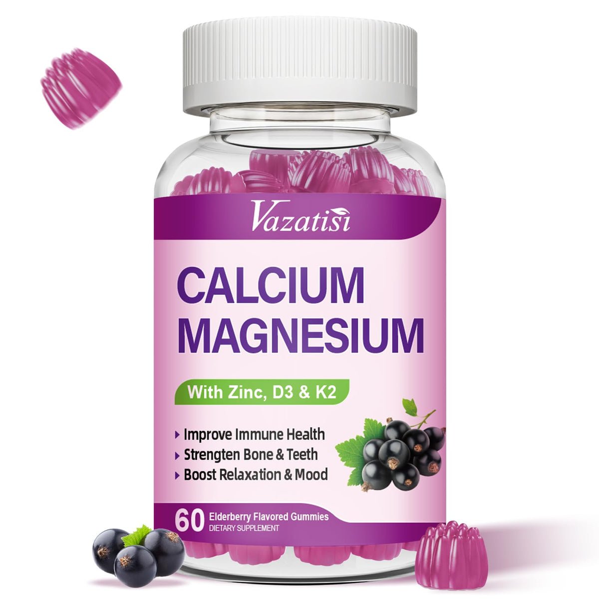 Vazatisi Calcium Gummies bottle front view with elderberry flavour