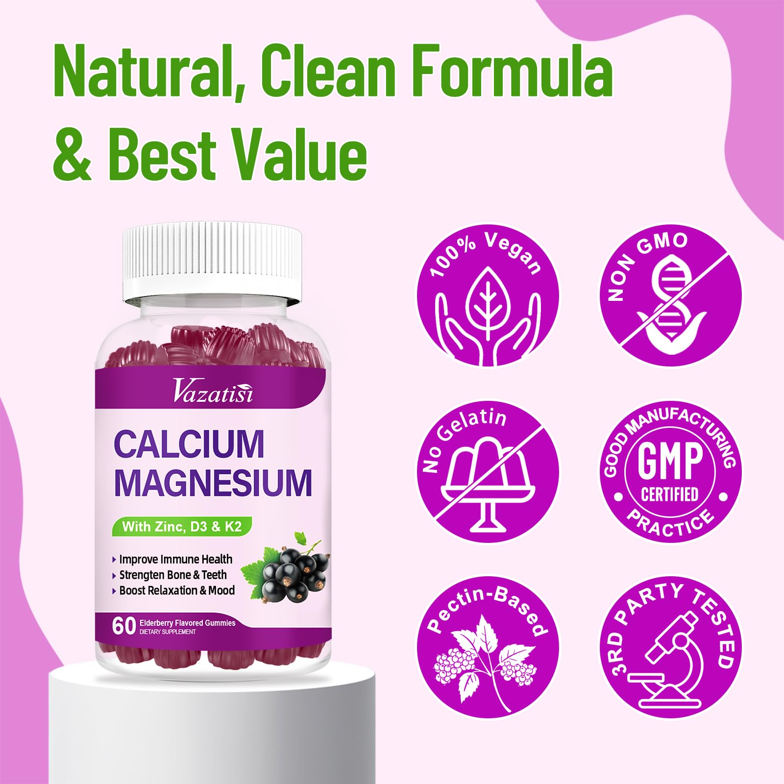 Vazatisi Calcium Gummies packaging with health icons