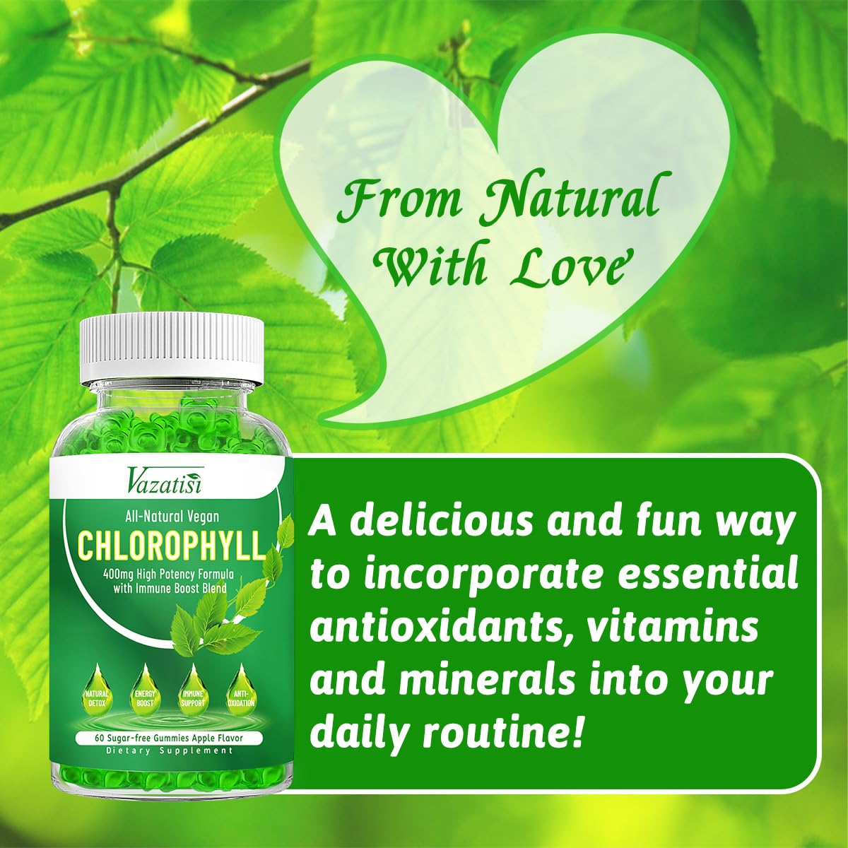 Vazatisi Chlorophyll Gummies with a glass of water