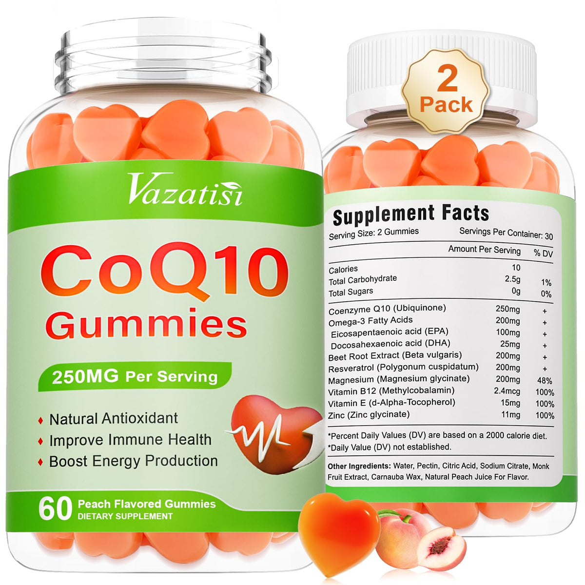 Vazatisi CoQ10 Gummies front view with peach flavour