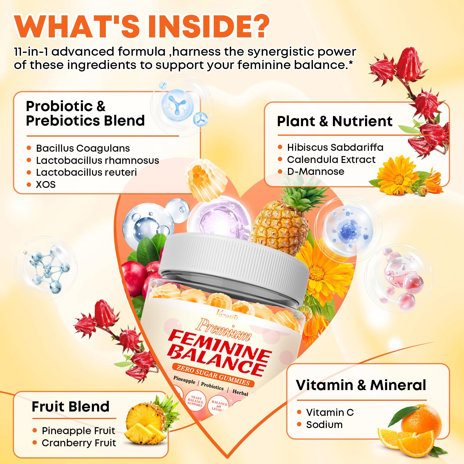 Vazatisi Feminine Balance Gummies 300g back view showing nutritional information