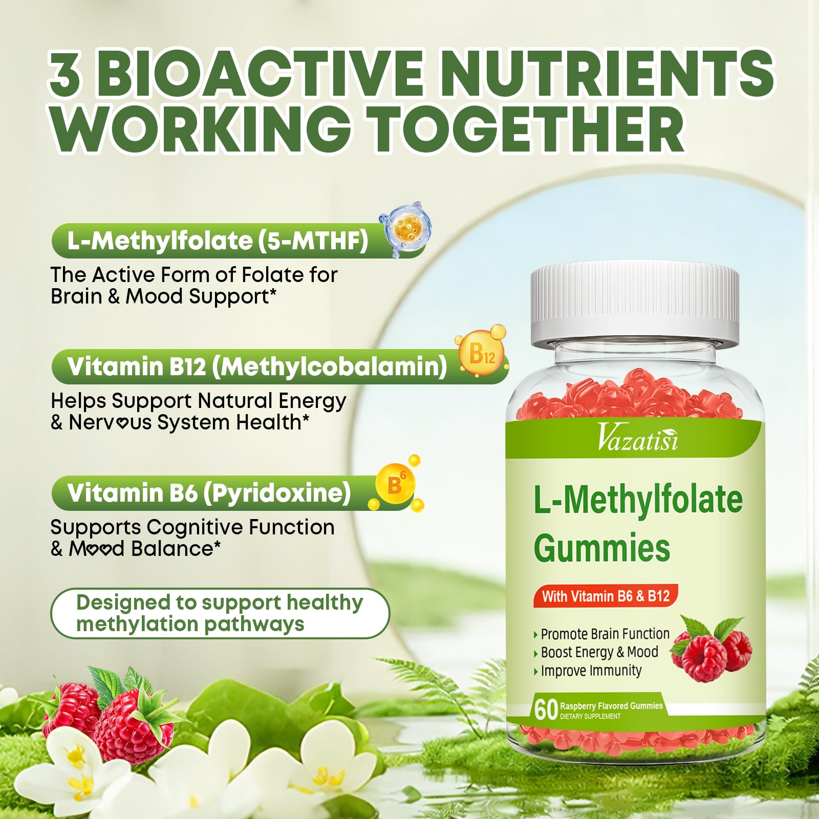 Vazatisi L-Methylfolate Gummies raspberry flavour close-up