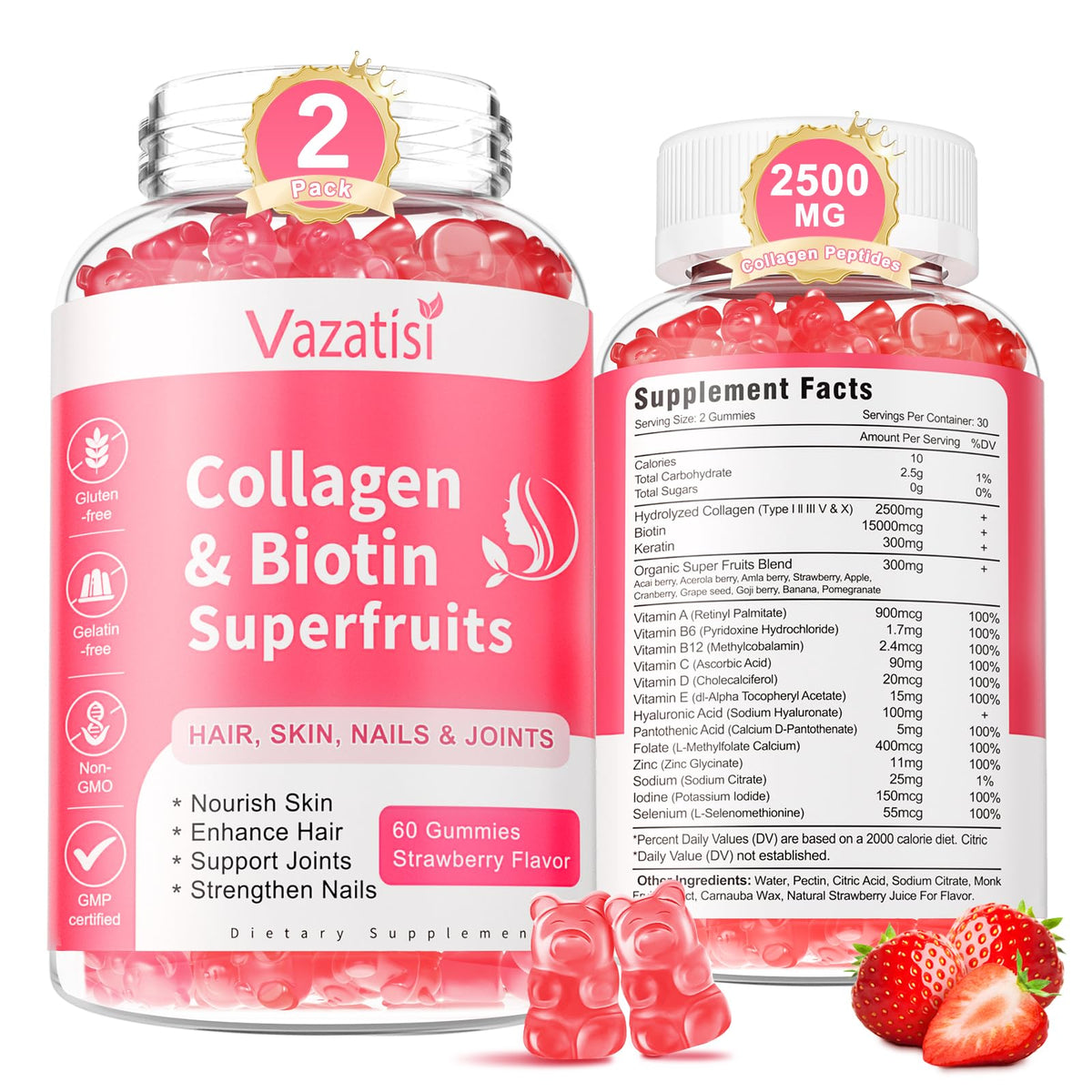 Vazatisi Multi-Collagen Peptides Gummies front view with packaging