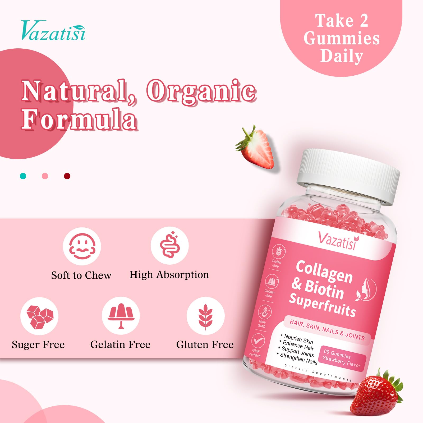 Vazatisi Multi-Collagen Peptides Gummies lifestyle scene with a glass of water