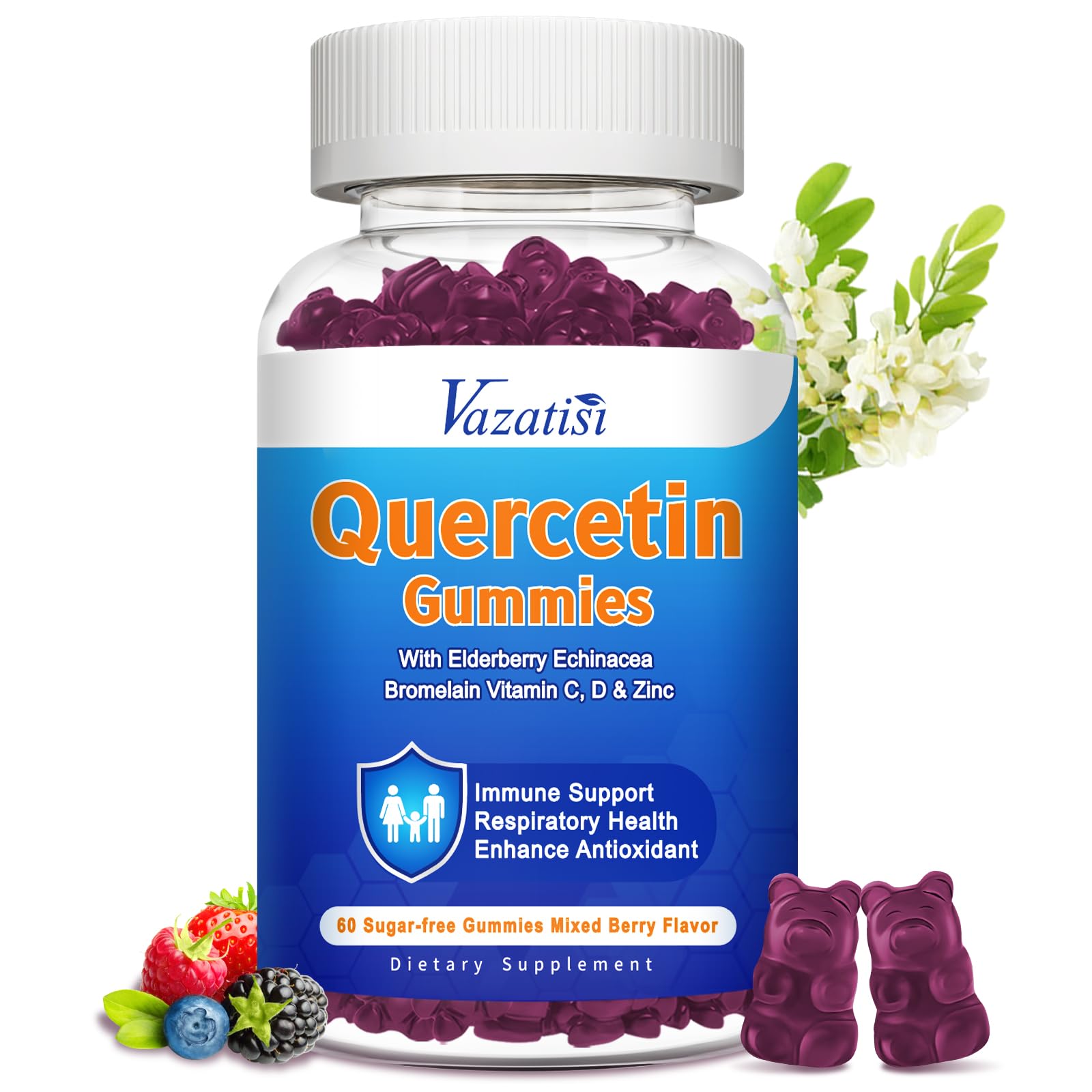 Vazatisi Quercetin daily wellness Support Gummies front view with mixed berry flavour