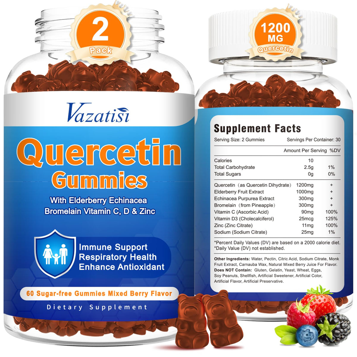 Vazatisi Quercetin Gummies front view with mixed berry flavour