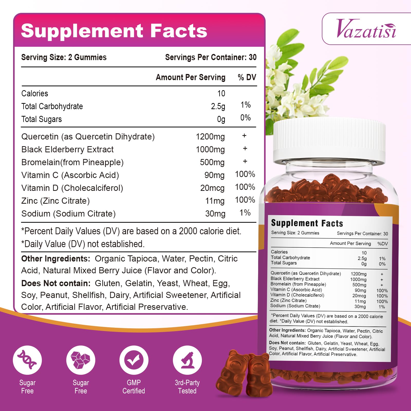 Vazatisi Quercetin Gummies ingredients list on label