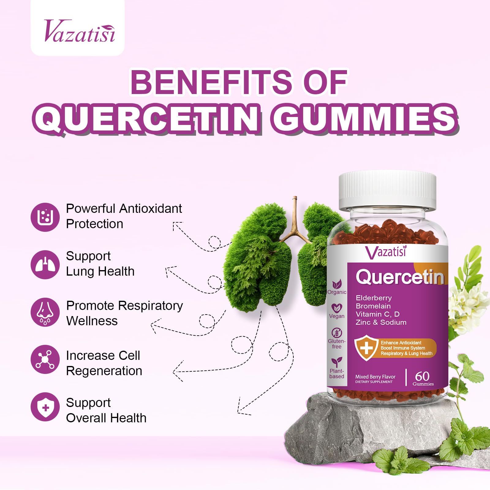 Vazatisi Quercetin Gummies showing mixed berry flavour