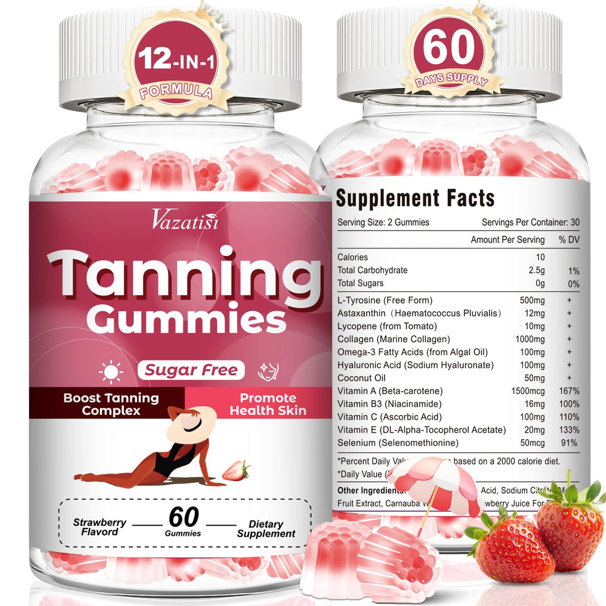 Vazatisi Tanning Gummies 12-in-1 Ingredients front view