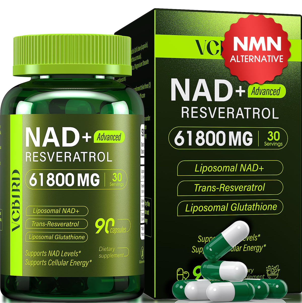 VCBIRD Liposomal NAD+ Supplement 1200mg front view