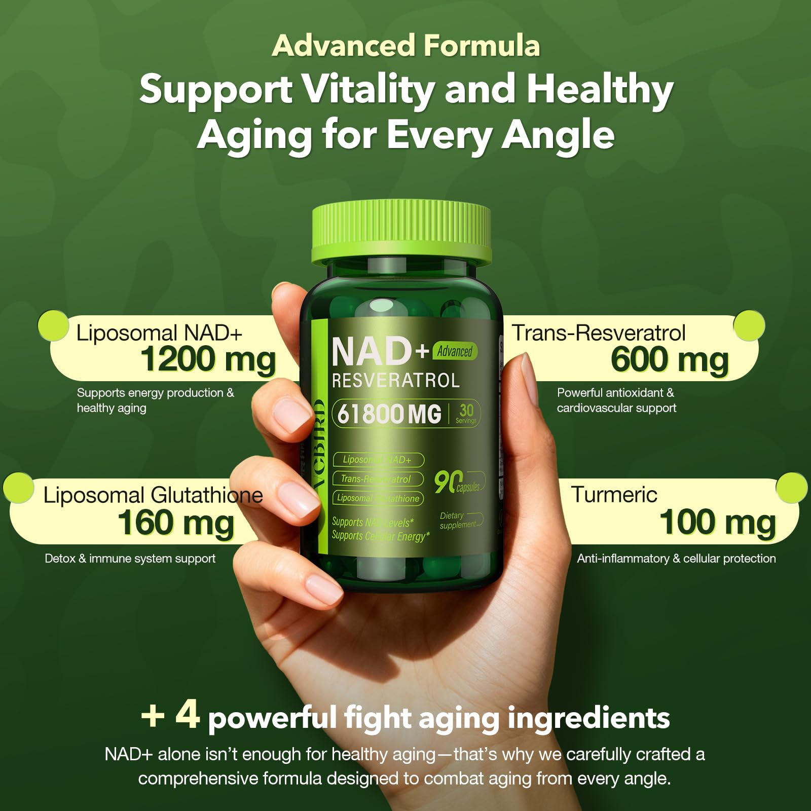 VCBIRD Liposomal NAD+ Supplement 1200mg side view
