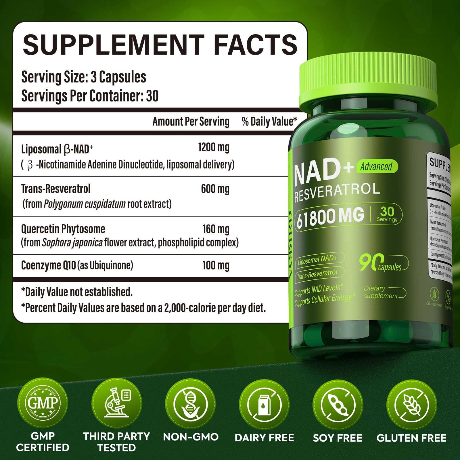 VCBIRD NAD+ Resveratrol Supplement 1200mg nutritional information