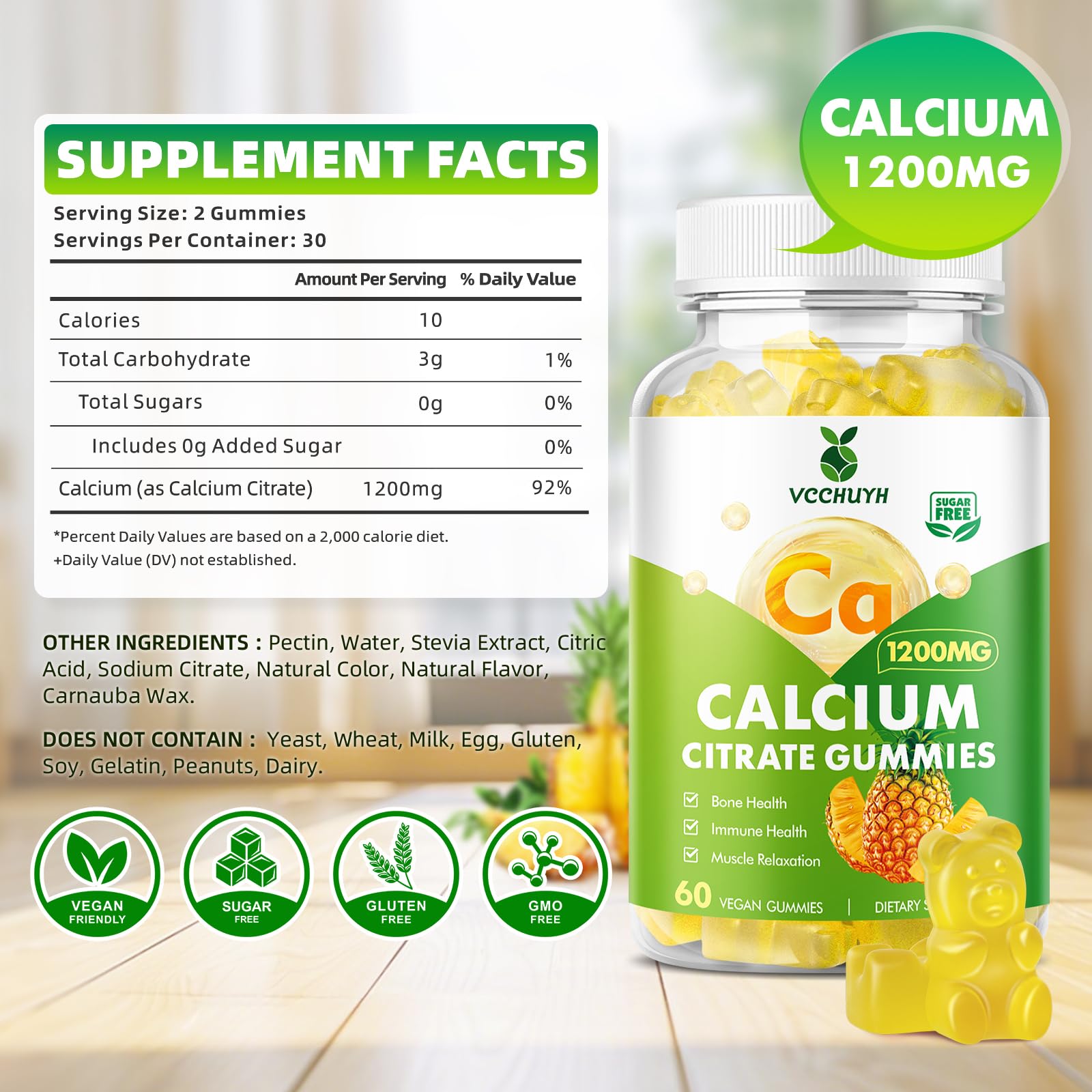 VCCHUYH Calcium Citrate Gummies 1200 mg back view with ingredients