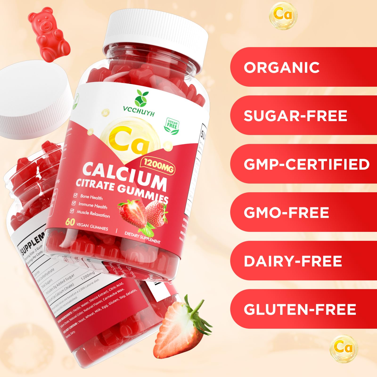 VCCHUYH Calcium Citrate Gummies 1200mg strawberry flavour
