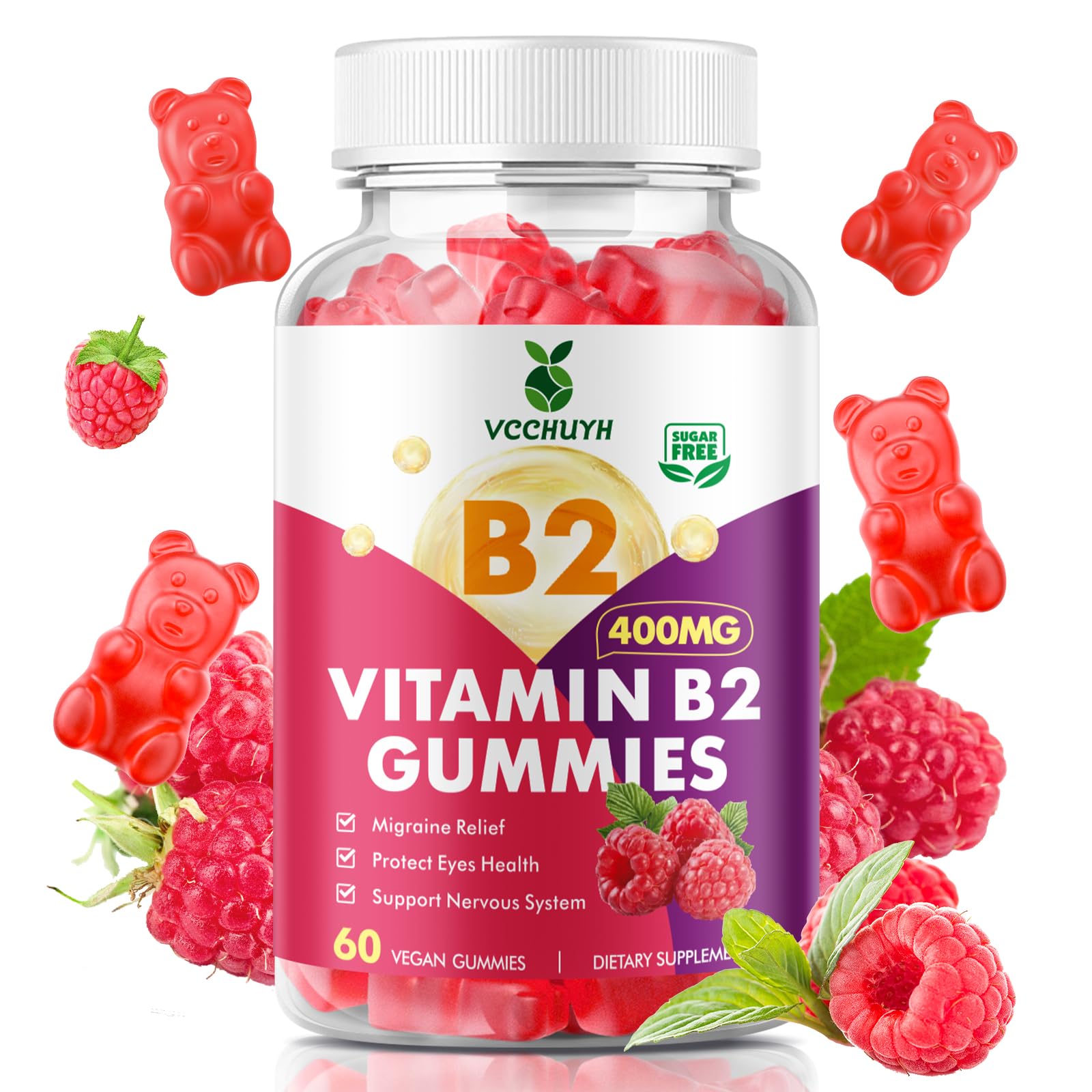 VCCHUYH Vitamin B2 400mg Gummies front view with raspberry flavour