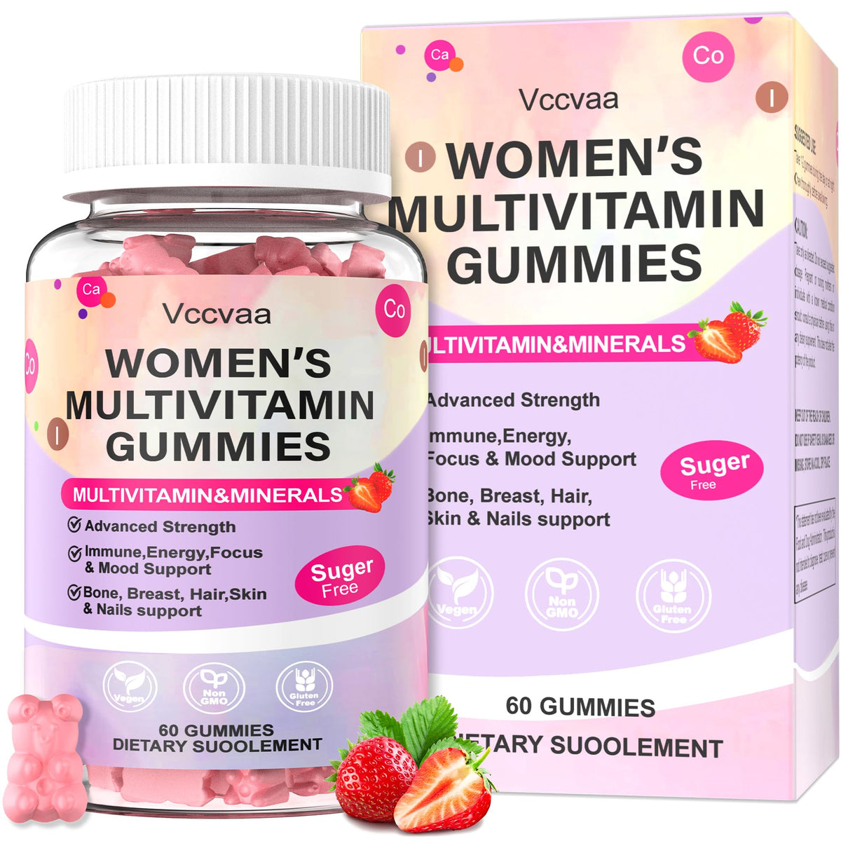 Vccvaa Multivitamin Gummies front view with strawberry flavour
