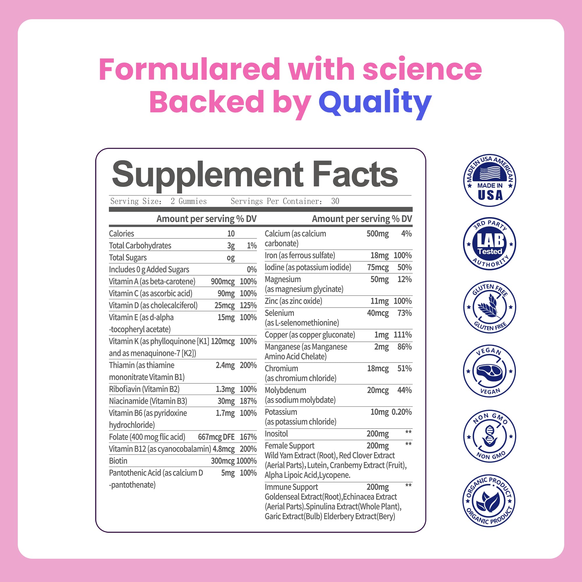 VCCVBB Multivitamin Gummies for Women showing nutritional information