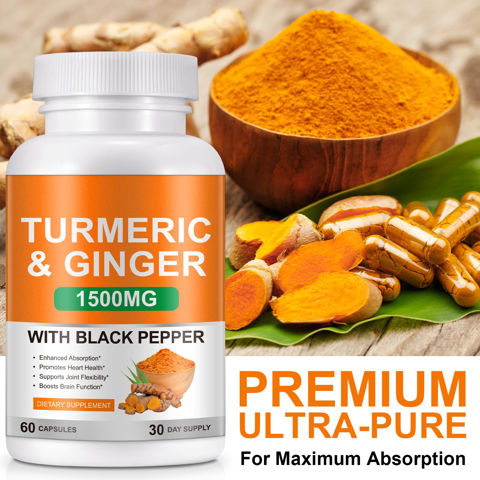 Vceeoy Turmeric Curcumin Capsules on a wooden surface