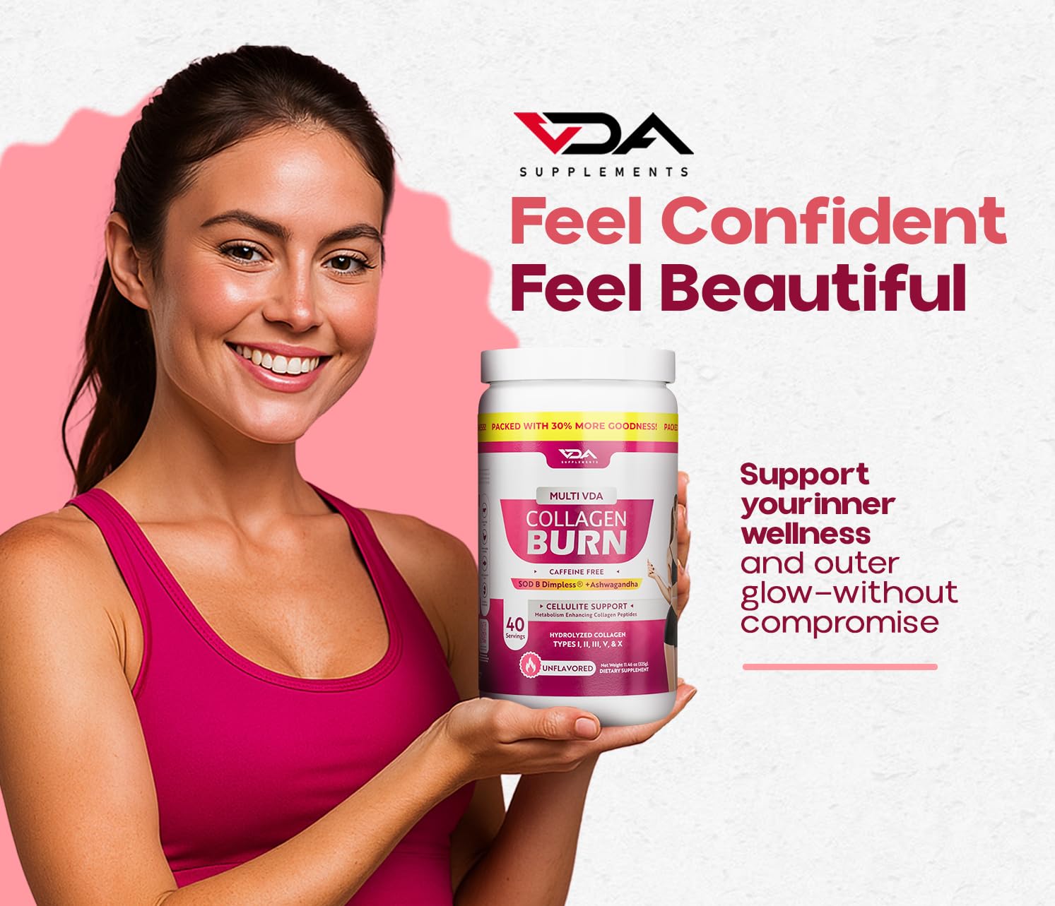 VDA Supplements collagen powder in a kitchen setting