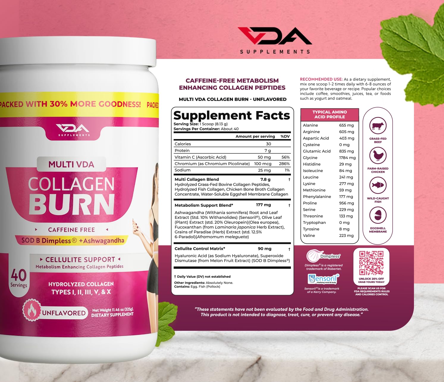 VDA Supplements Complete Multi-Type Collagen Powder 325g with measuring scoop